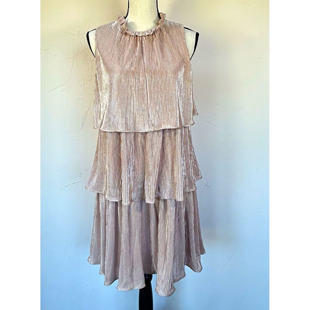 NWT RO&DE Anthro Pink A-Line Tiered Glitter Ruffle High Neck Sleeveless Dress XS